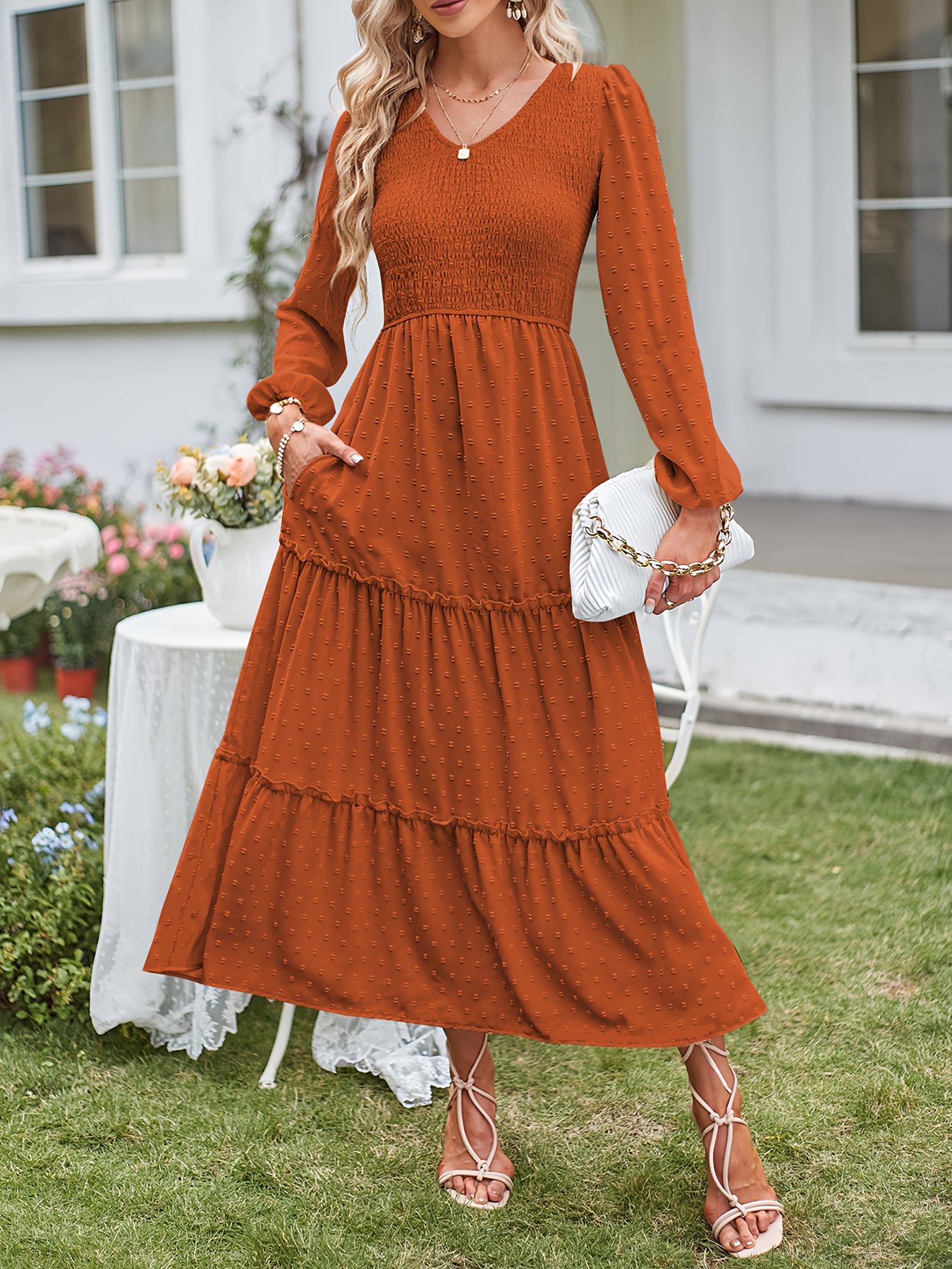 cotton dress with long sleeves Navy Blue Warm Cotton Waffle Tier Maxi Dress 32