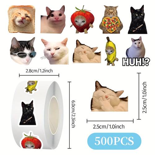 500 stück/rolle klassische tier-katzen-meme-aufkleberrolle, diy koffer laptop skateboard aufkleber, lustige deko-sticker als belohnungen geschenke für rollschuhlaufen radfahren