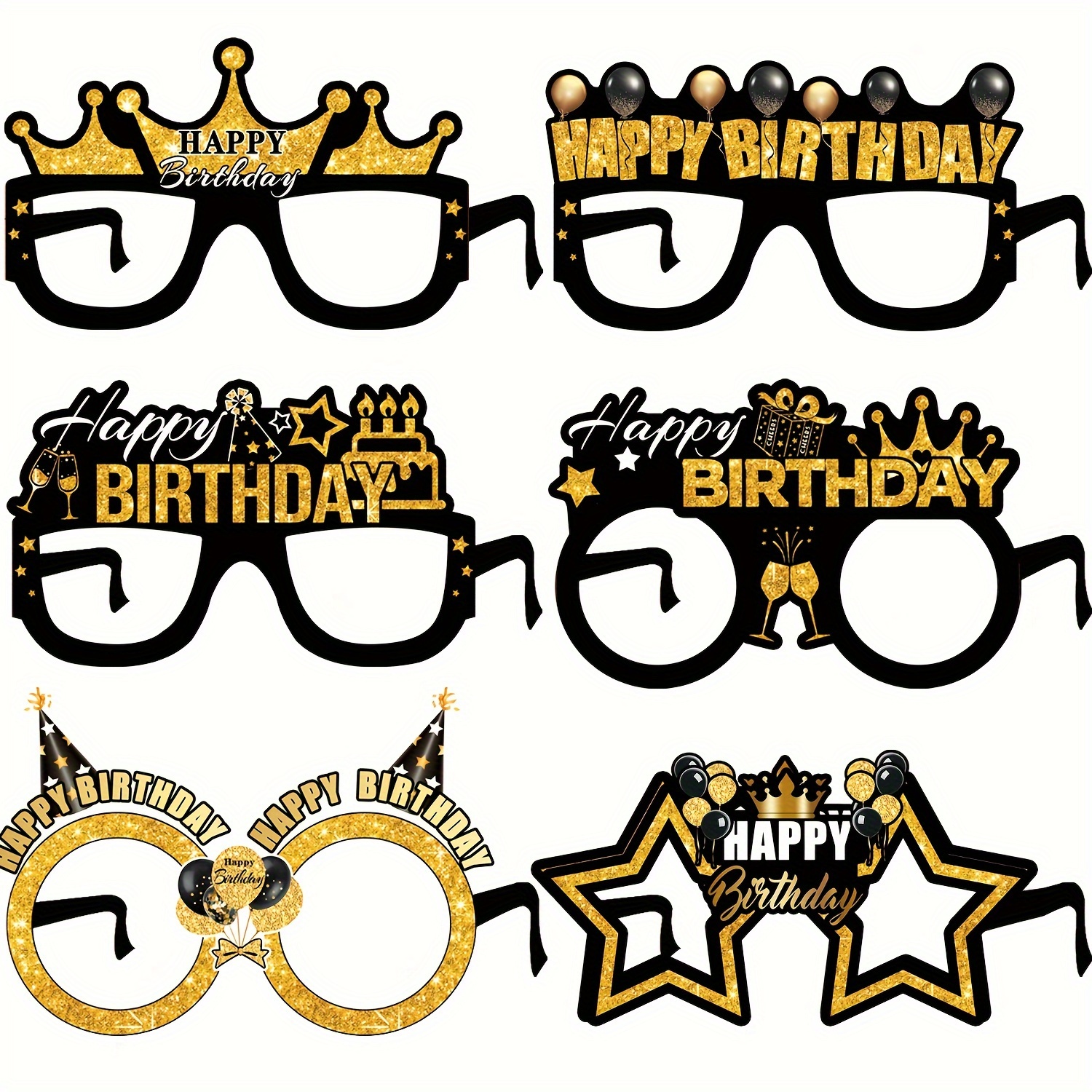 

6pcs Birthday Party Glasses Props, Paper Photo Booth Eyewear Accessories, Black And Golden, No Feathers, Universal Birthday Celebration Supplies