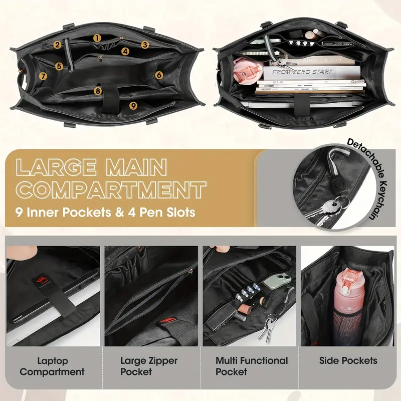 womens 15 6 laptop tote bag black synthetic leather professional shoulder bag with adjustable strap lightweight zipper closure daily business purse office tote bag minimalist style lightweight bag Product details 0