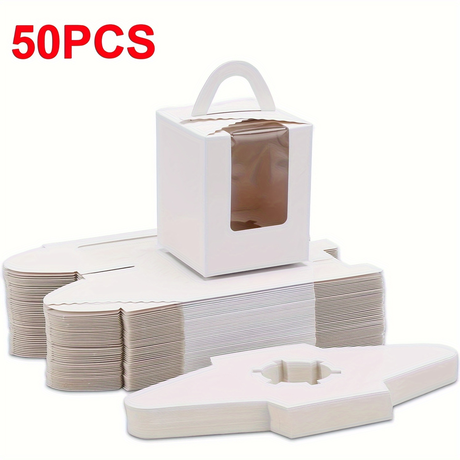 E-shop 50 Stück weiße Cupcake-Boxen mit transparenten Fenster-Einsätzen und Griffen, designt zum Tragen von Cupcakes, Muffins und Gebäck. Ideal zum