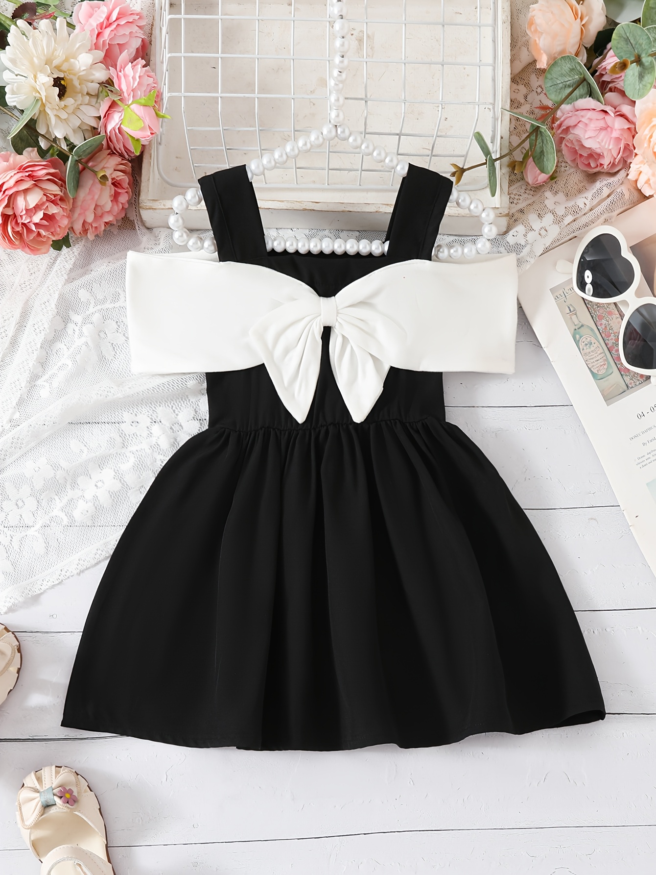 girls toddler spring summer   block suspender dress cute and elegant contrast color large bow outdoor sports dress