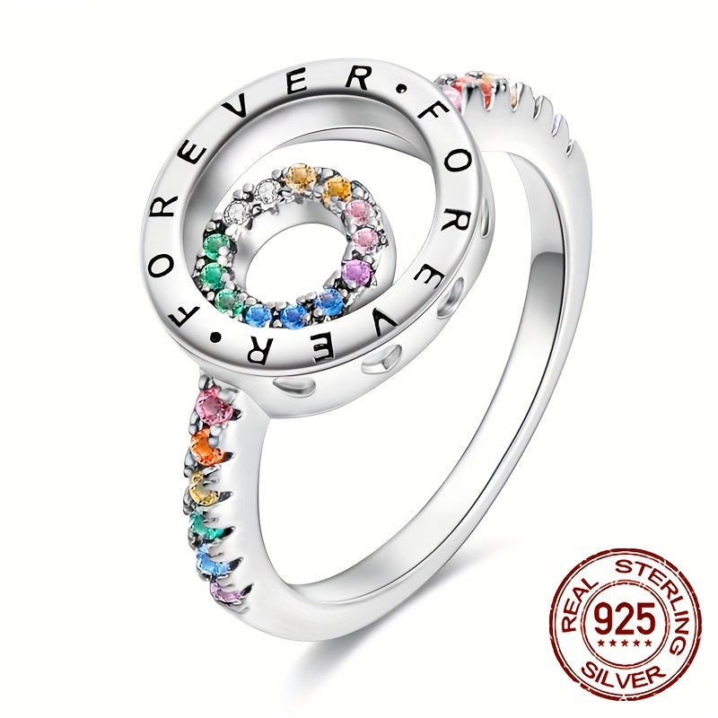 

1pc Élégant Bague double en argent sterling 925 avec zircone cubique multicolore sertie pavé 0.08 oz, bague de mariage et de fête pour femme