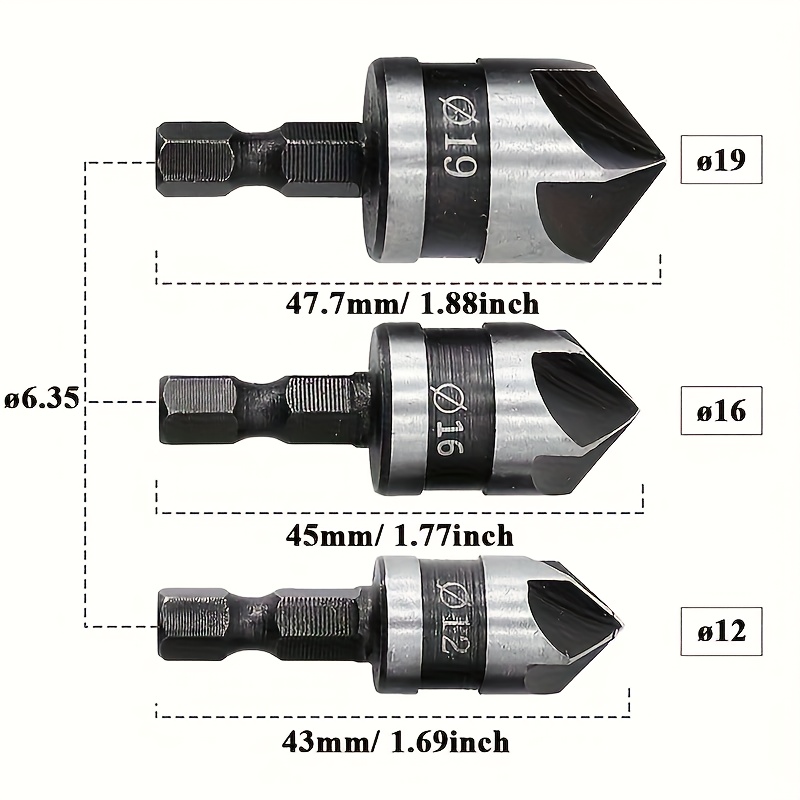 3pcs Countersink Drill Bit Set, 90° Chamfer For Wood, Plastic &, Perfect For Woodworking