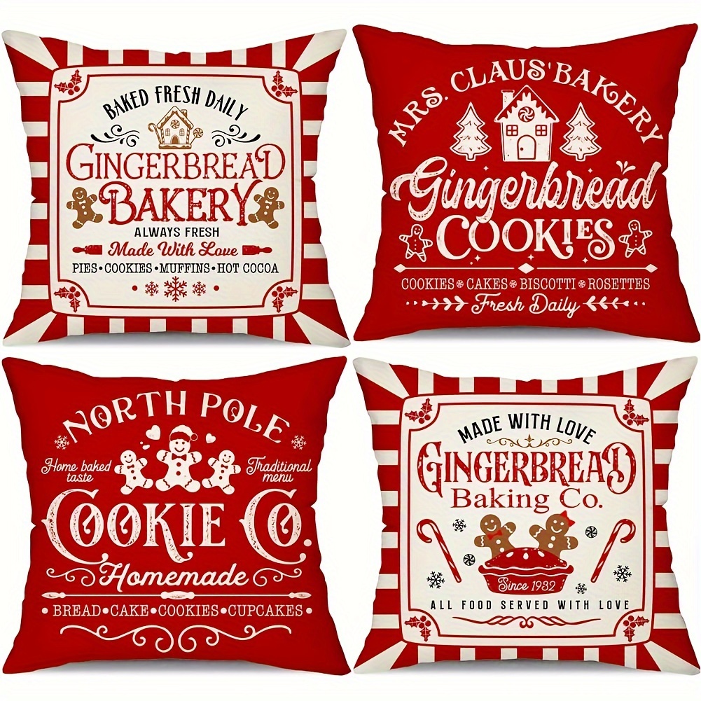 

Festive Gingerbread Christmas Pillowcases - 4pcs Set Of 18x18 Inch Red Striped Covers, Merry Christmas Design For Winter Home Decor, Machine Washable Polyester With Zip Closure