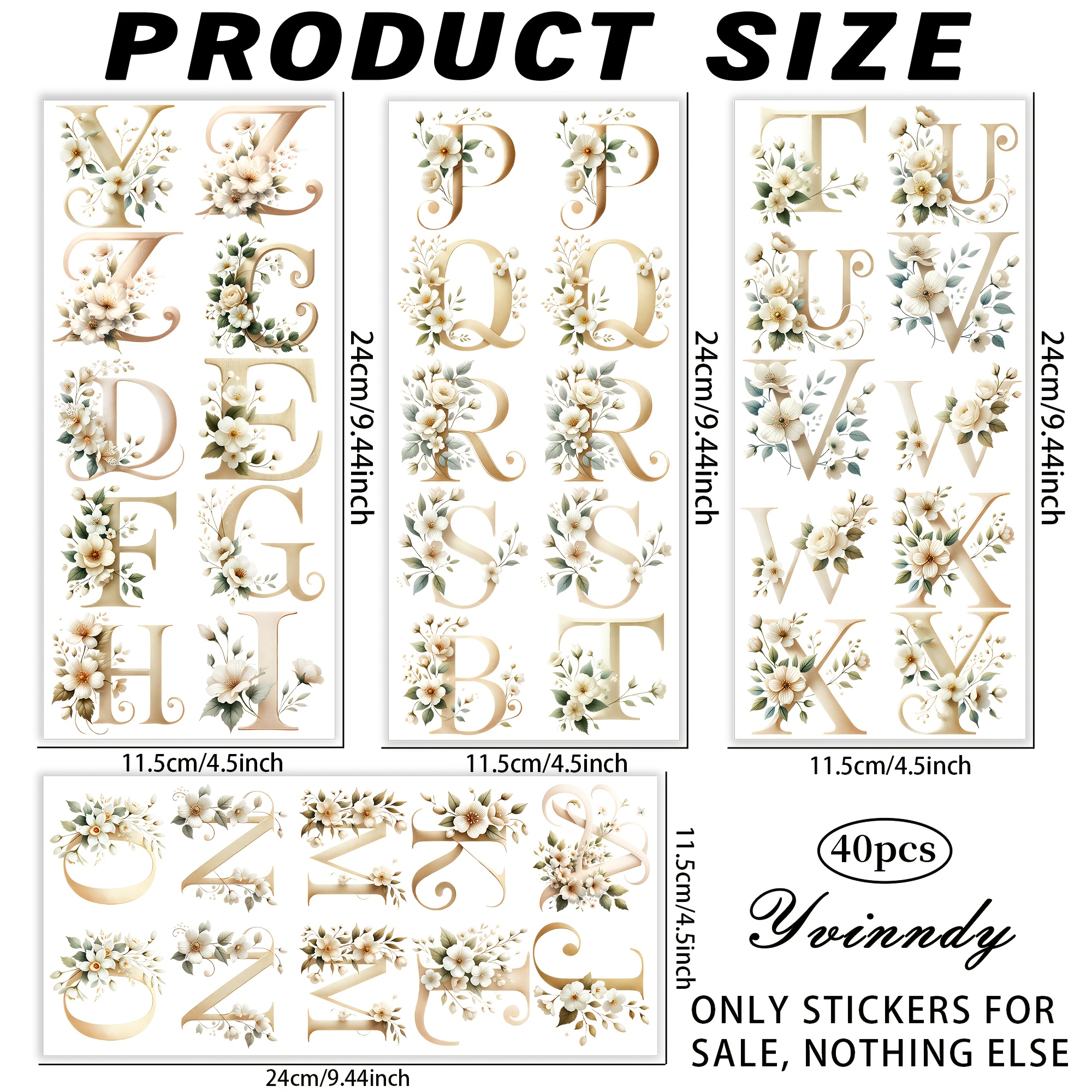 TEMU 40 pièces/SET Champagne Doré Floral Script Alphabet UV DTF DIY Matériaux Main Transfert de Haute Qualité Adhésif Décoratif Papier Transfert -