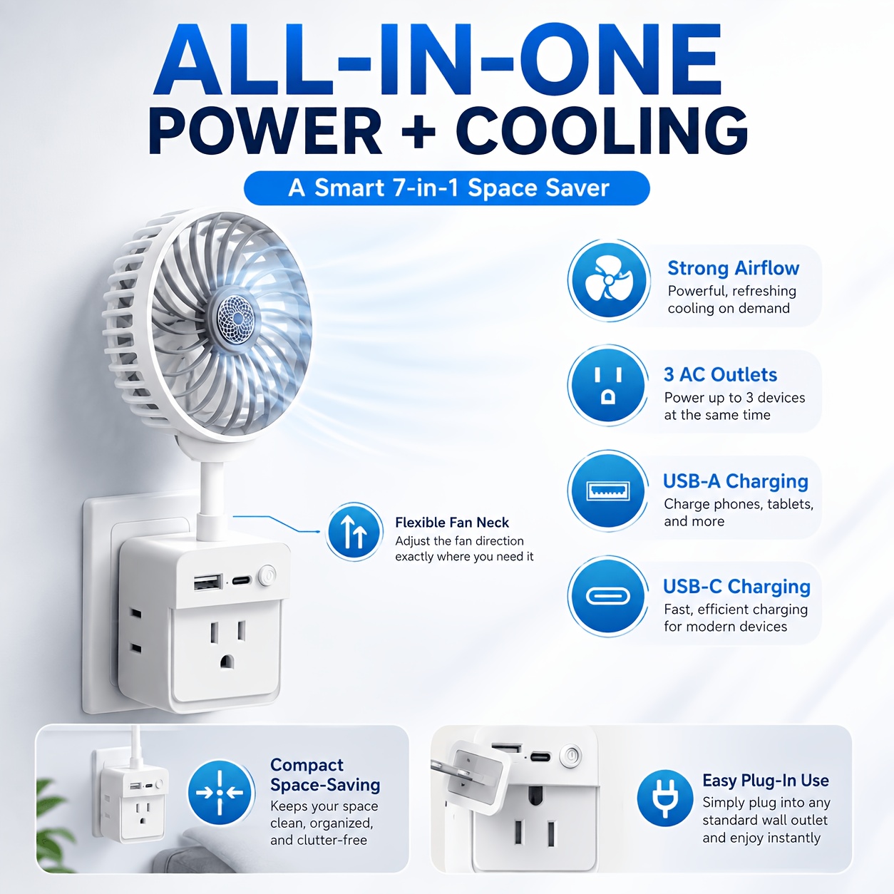 TEMU 7-in-1 25w Wall Outlet Fan, 360° Flexible Gooseneck Fan, Multi-plug Power Splitter With 3 Ac Outlets, Usb A And Usb C Fast Charging Ports, For