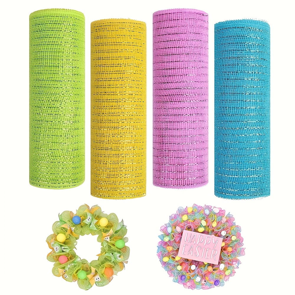 

4pcs Easter Mesh Ribbon Rolls, 10-inch X 30-foot Metallic Foil Fabric, For Wreath Making, Crafting Kit For Thanksgiving, Halloween, Seasonal Decorations, With No Electricity Required, Featherless