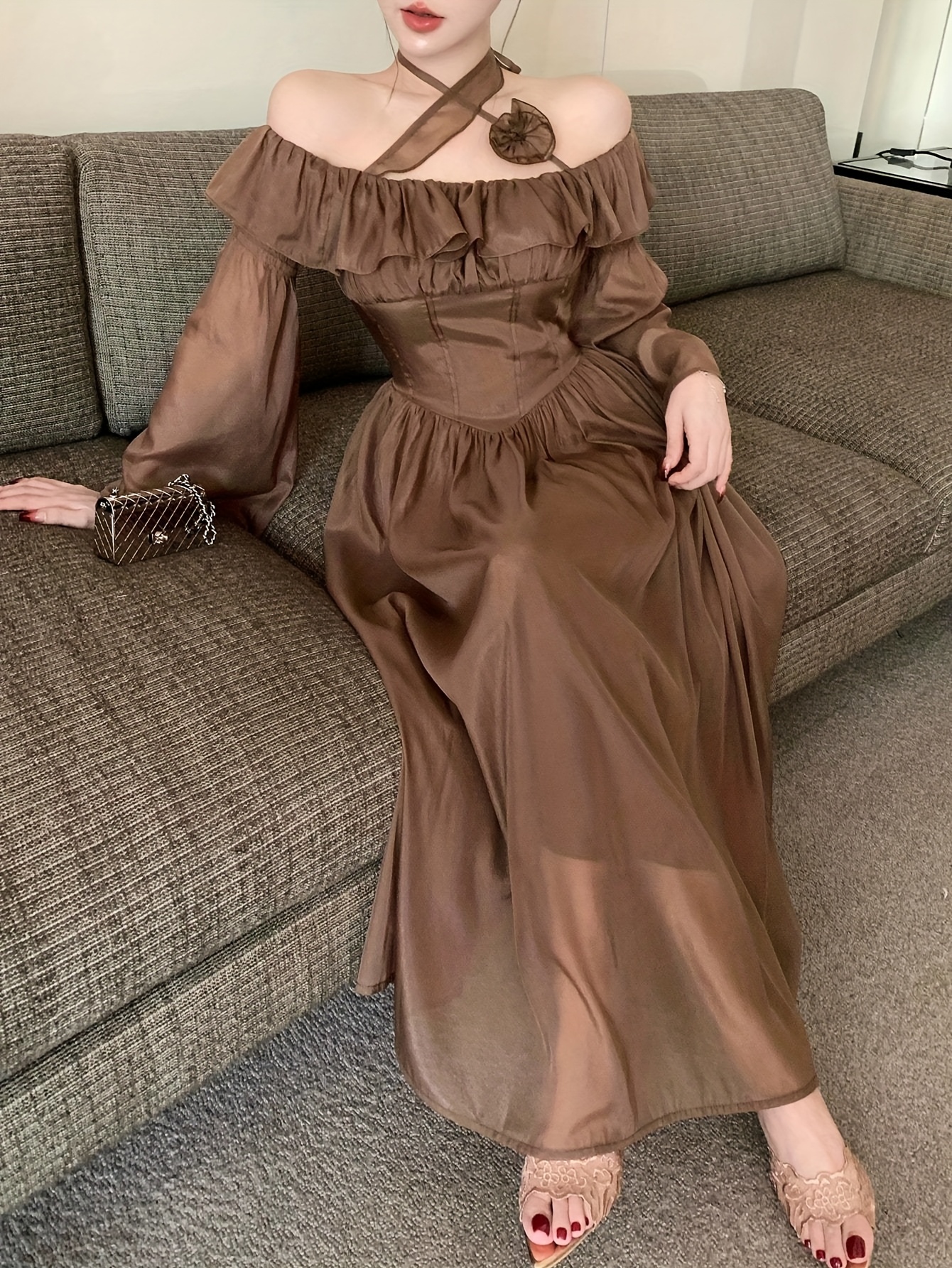 long sleeve maxi dress linen Sleeved 'Lauren' GISELLE is an elegant laceweddingdress DRESSTELLS Cocktail Dresses for Color:Pale Yellow Meadow Blooms