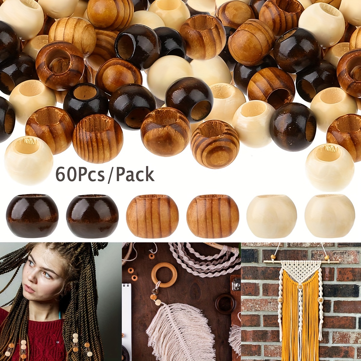 

Grandes perles en bois, 60 pièces, perles d'espacement amples avec grand trou de 10mm, perles lisses pour la fabrication de bijoux, cheveux, décor artisanal fait à la main