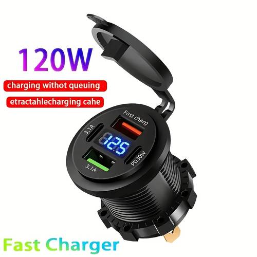 zdjęcie przedmiotu ładowarka samochodowa 2025, szybkie ładowanie 120w, 12v - 24v - 40v pd port usb 30w, funkcja podwójnego szybkiego ładowania 4-w-1 pd, interfejs usb-c pd, inteligentna funkcja automatycznego zatrzymania, odpowiednia do samochodów, pojazdów terenowych, motocykli, przetwarzanie napięcia 2.36v na 5v ac
