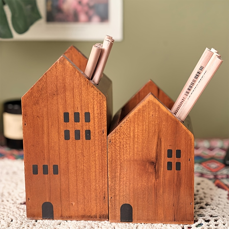 

2pcs Set Vintage Japanese House Wooden Pencil Holders - Portable Desk Organizer For Art Supplies &