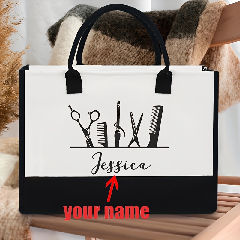 

1pc Personalized Hair Stylist Tote Bag - Customizable Hairdresser Gift, White With Black Handles, Spacious & Polyester Material, Shopping, Beach, Or Cosmetology Professionals