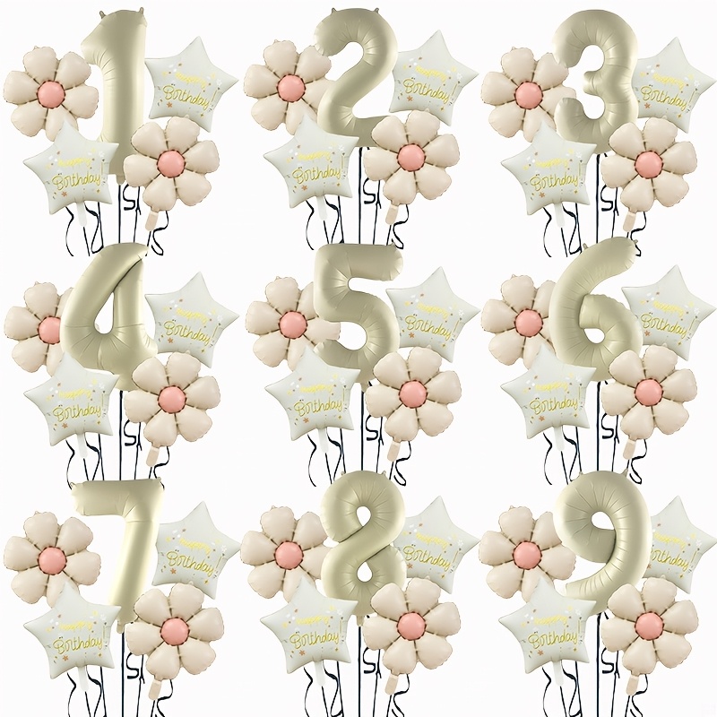 

5pcs Cream-colored Foil Number Balloons With Flower Accents & Golden "" Text - Self-sealing, Colors, Includes Curling Ribbon For Easy - Ideal For All Birthday Party Decorations