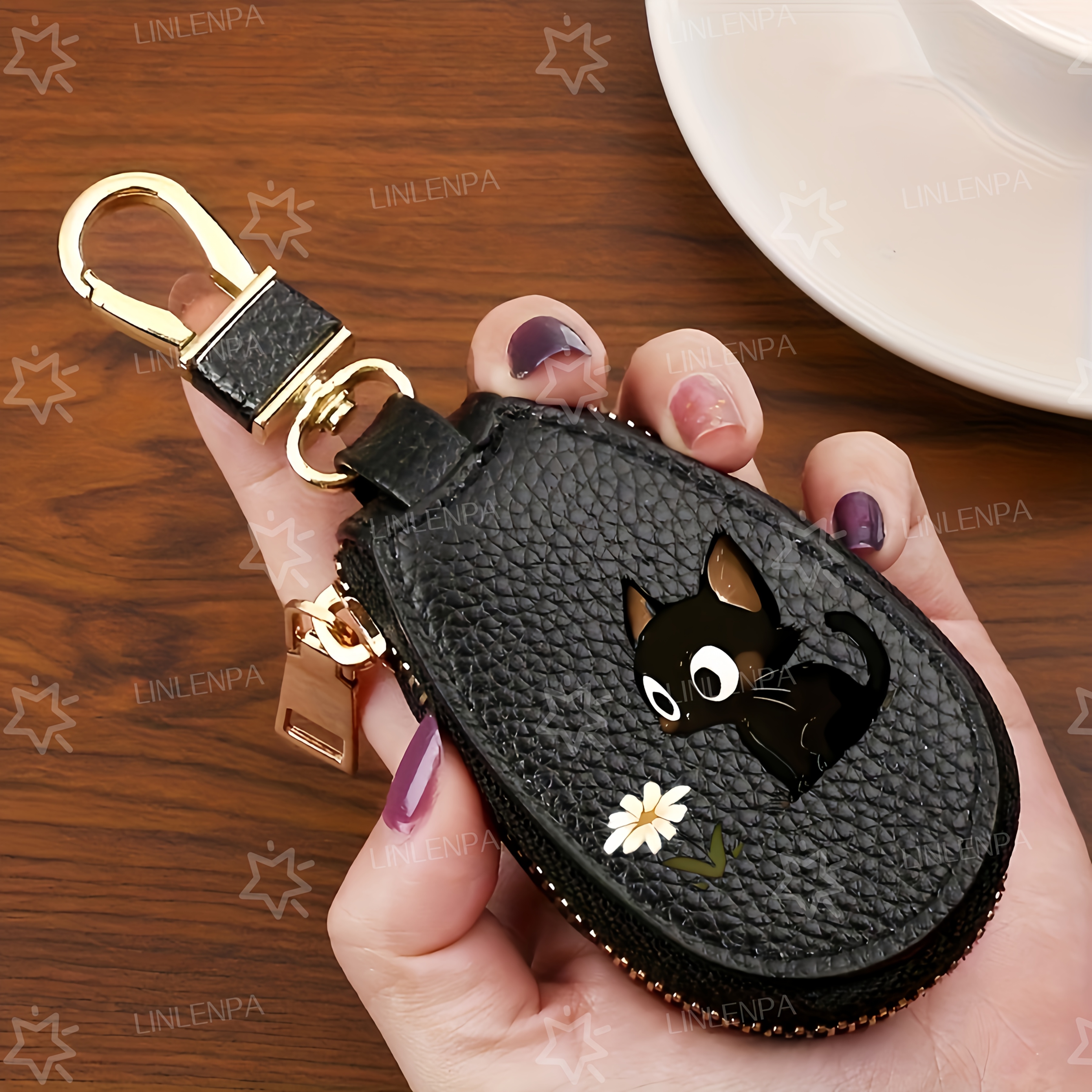 【新商品】創造的な漫画猫と花柄の新型カーキーポーチ。遊び心のあるデザイン -  ミニマリスト無地カーキー収納バッグ。軽量で万能なウォレット。フェイクレザーpuキーチェーンバッグ （メンズ・レディース向け） - ミニ財布用スモールウォレット