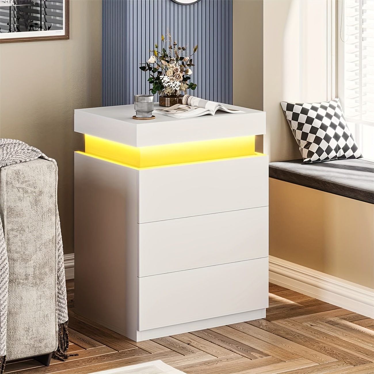 TEMU Modern Minimalist White Bedside Table With 3 Drawers And Soft Led Lighting Stylish Nightstand Storage Cabinet Ideal For Bedroom, Living Room, Or