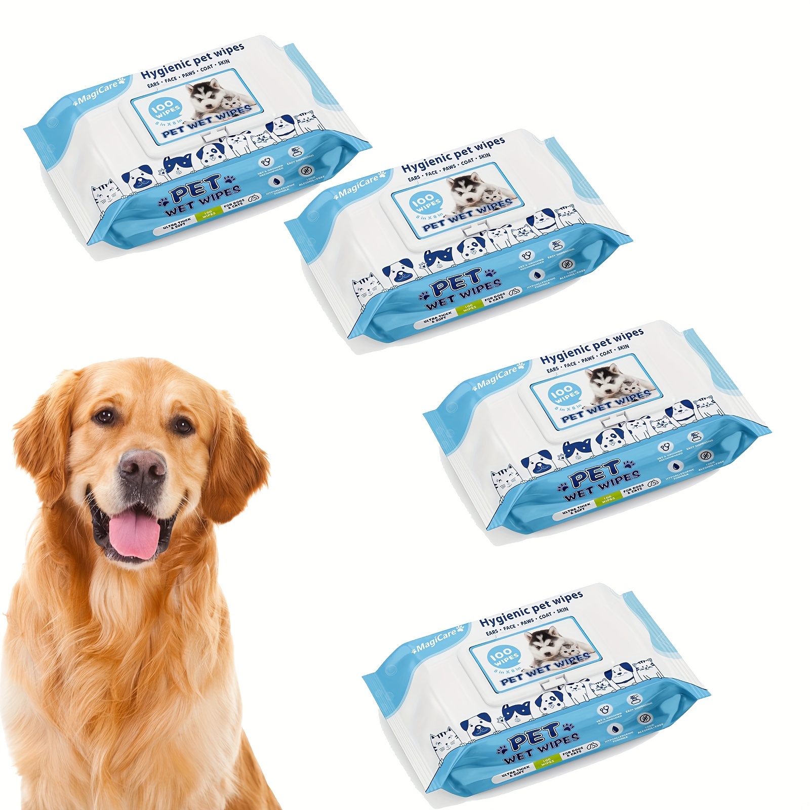 

4 Pack Pet Wipes 100 Pcs Dog Wipes - 8x8 Inch Unscented Dog Paw Cleaner Wipes For Body, Ears, Face, And Thick And Soft With Hypoallergenic Formula Wipes For Dogs & Cats