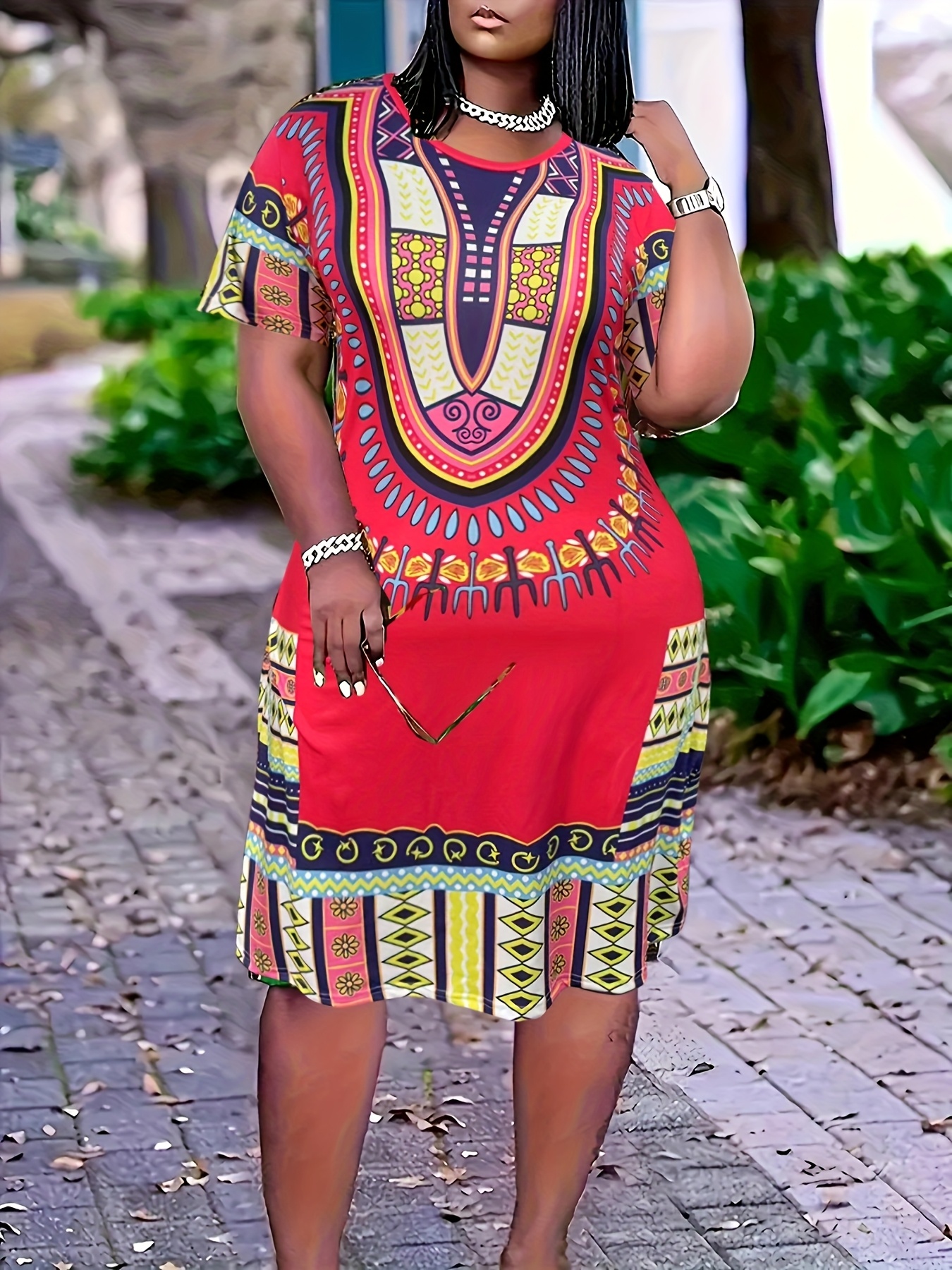 Plus Size African T-Shirt Dress Vibrant Ethnic Geometric Pattern,  Stretchy Fit, Machine Washable Casual Formal W