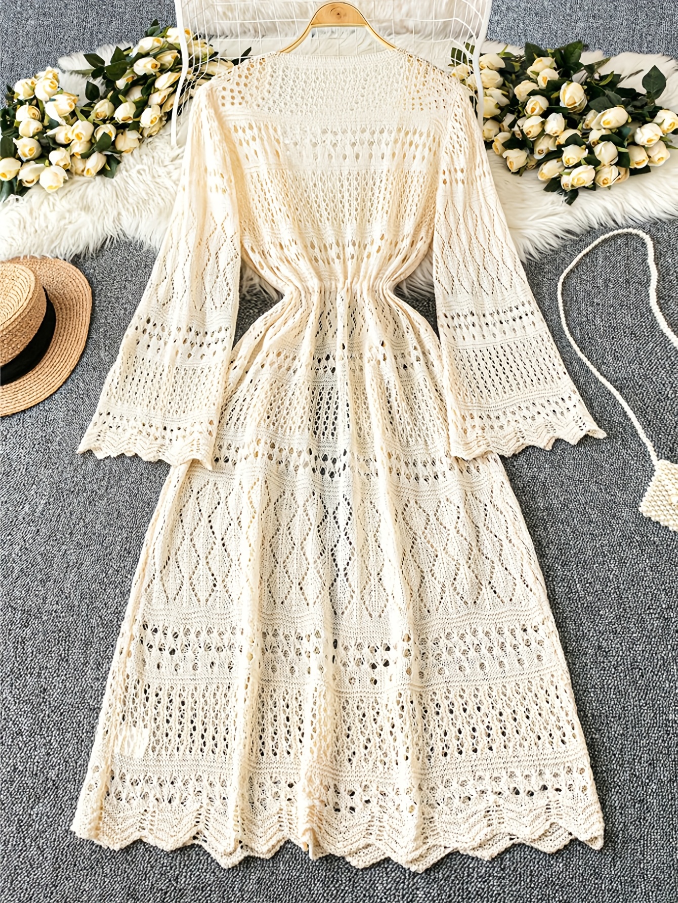 women' color beach vacation romantic crochet lace Temu Philippines