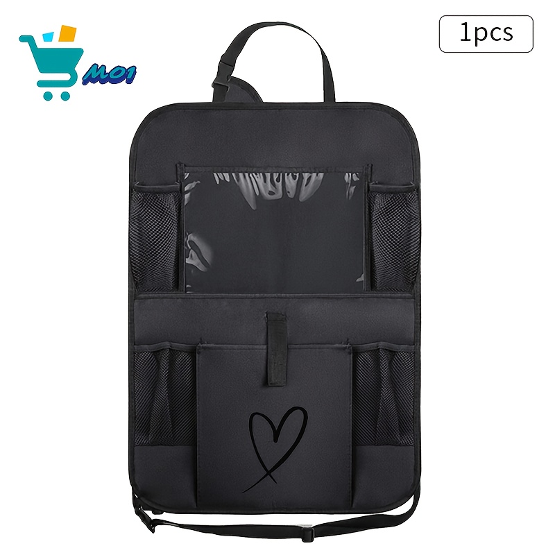 TEMU 1pc Minimalist Black Art Pattern Print Car Backseat Organizer With Tablet Holder Multi Pocket Storage For Family Essentials Oxford Cloth Seat