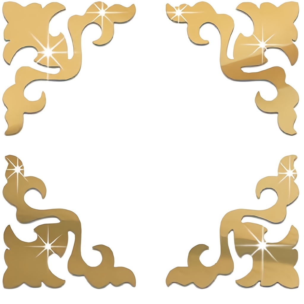 4pcs Funlife Corner Filigreel Tile Decorative Floral Pattern Mirror Ps Plastic Wall Stickers Non Glass Diy For Furniture Cabinet Home Bedroom Decor 3.94" X 3.94"