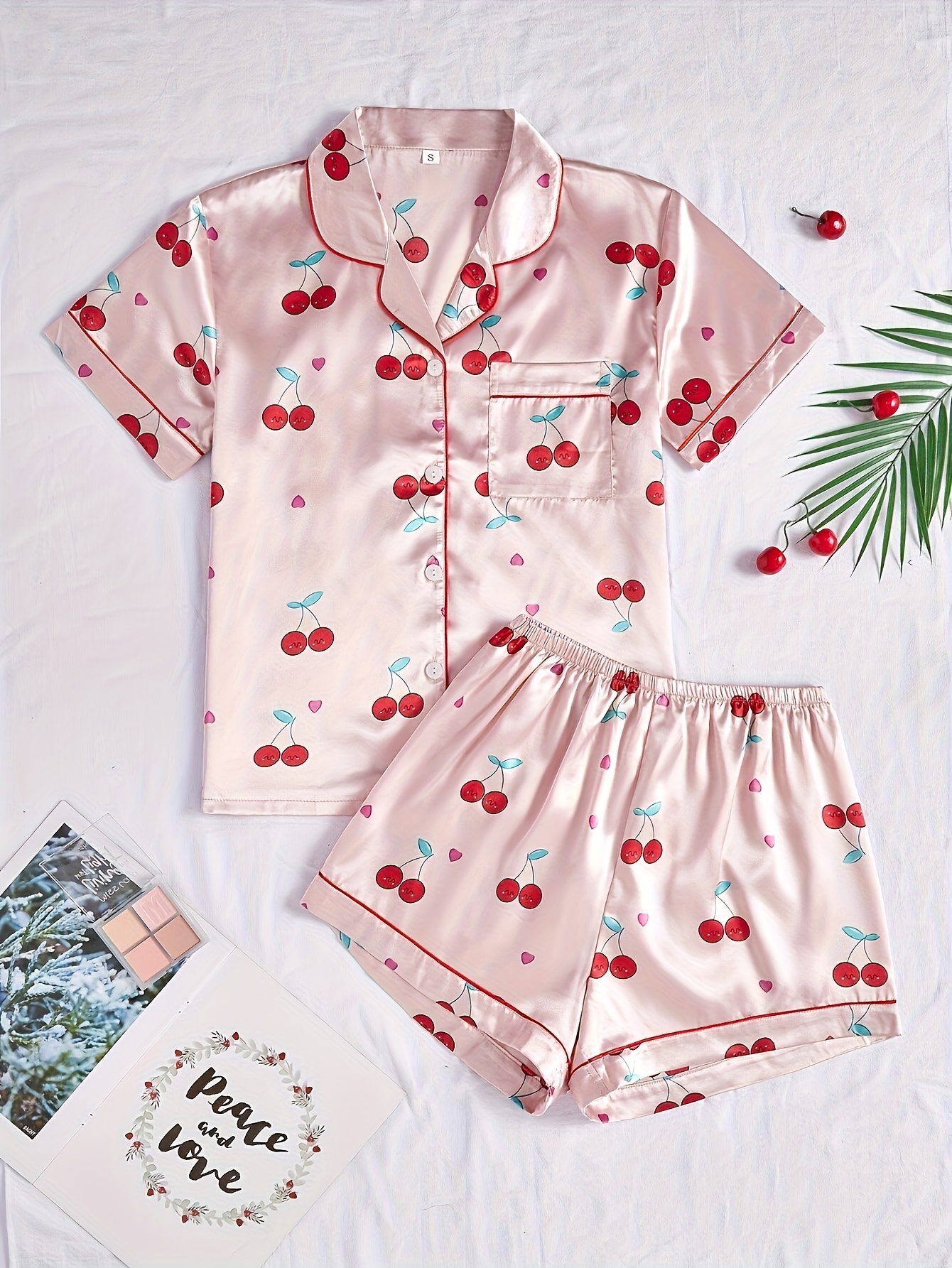 cherry print pajama set teens short sleeve button top Temu