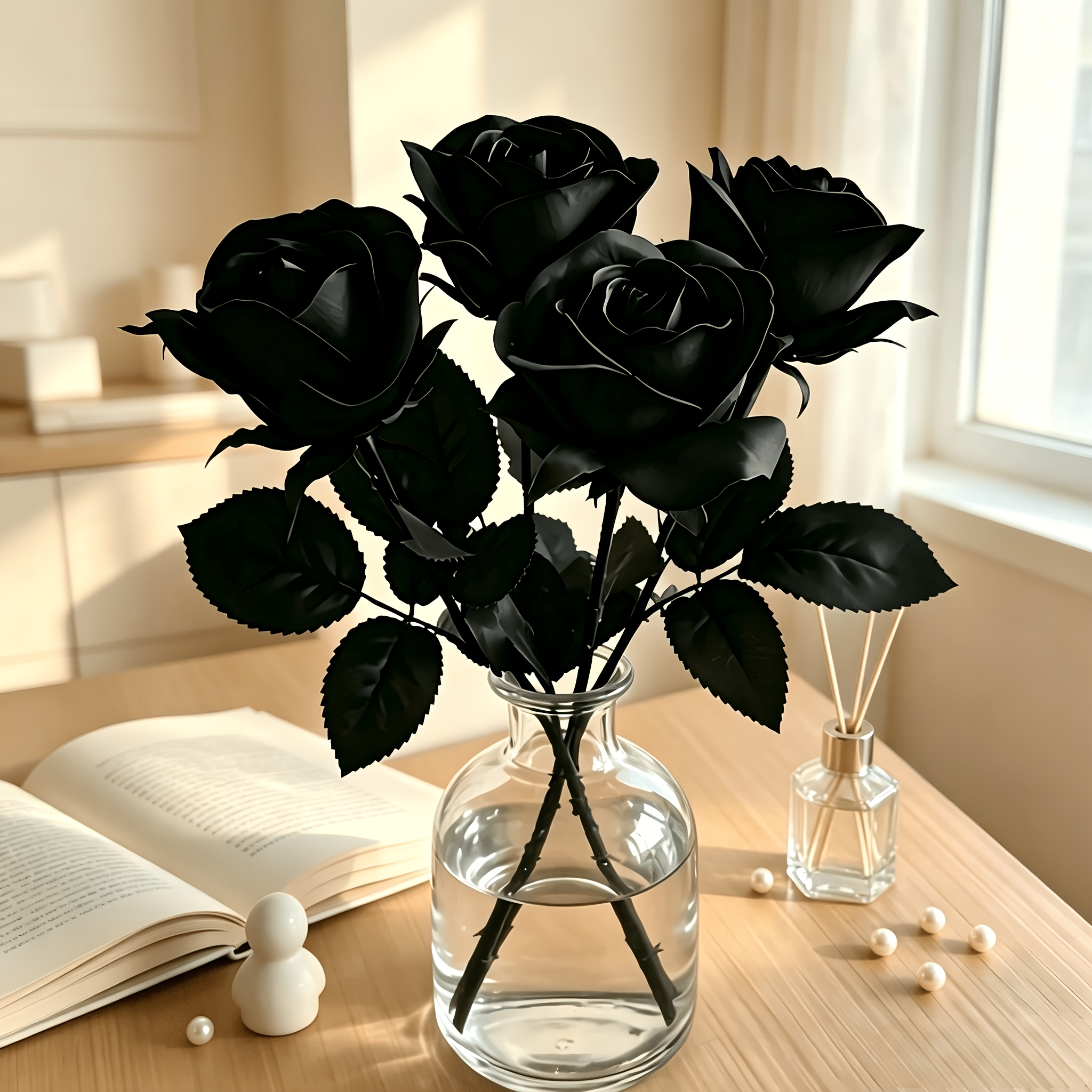 Image of Set Of 4 Black Artificial Roses, Made Of With Long Stems, Perfect For Halloween Or Wedding Party Decorations