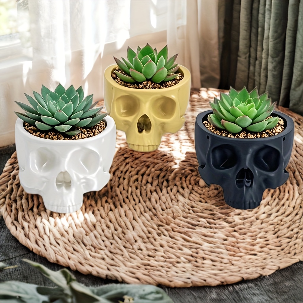 Schädel-Blumentopf Aus Harz, 16,5x11,5x11 Cm – Gruselige Deko Für Halloween, Tisch Oder Pflanzen