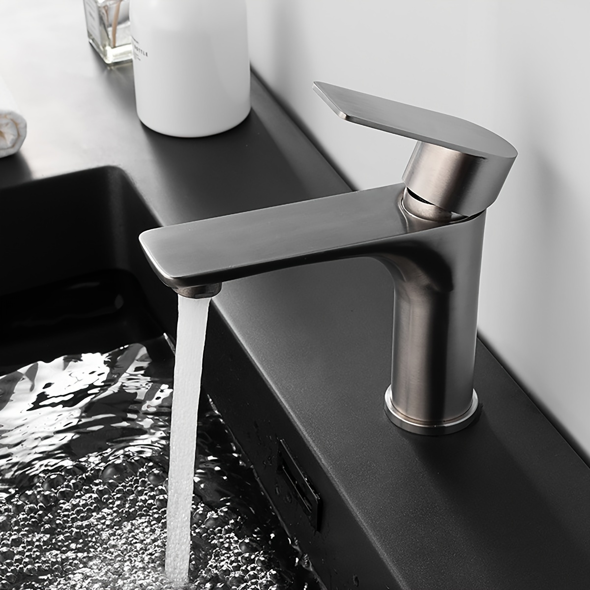 

Stainless Steel Hot & Cold Water Faucet For Bathroom Sink - Brushed Finish, Deck Mount, Ball Valve