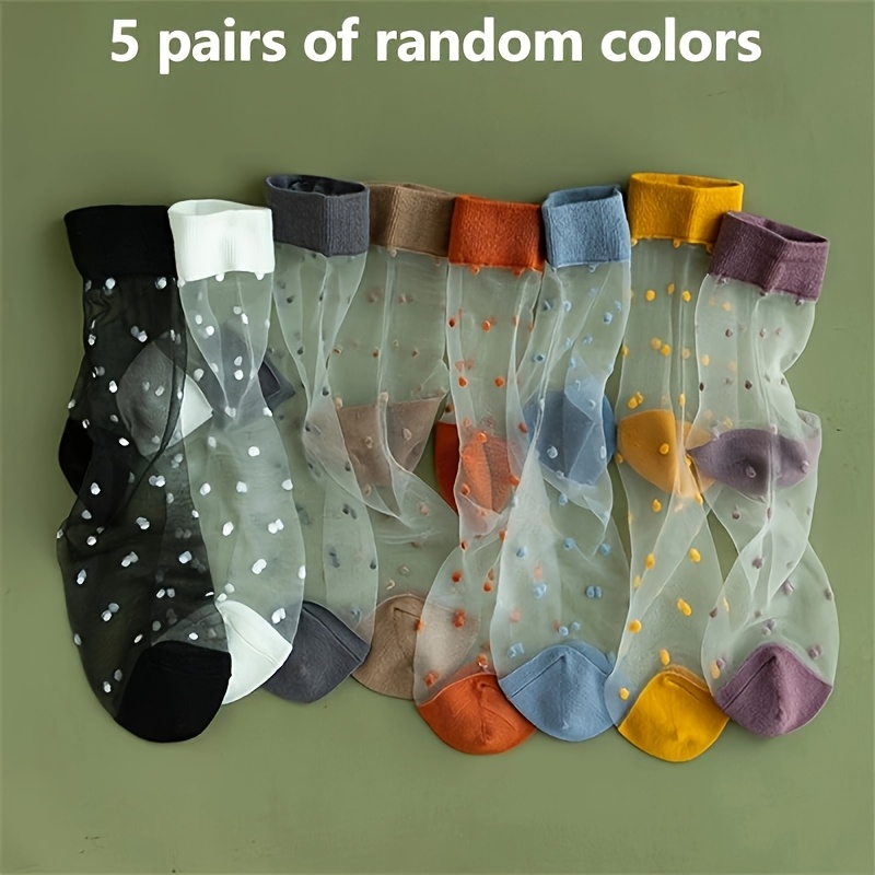 Image of 5 Pairs (10pcs) Random Color Breathable Dot Glass Fiber Women's Socks, Candy Colored Summer Socks, Fashionable Dot Decoration Socks