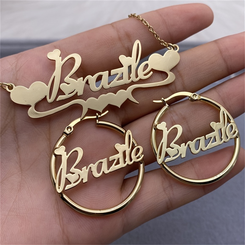 

Custom Name Necklace And Hoop Earrings Set, Personalized Stainless Steel Jewelry Gift For Women, Ideal For Christmas, Christmas Earrings