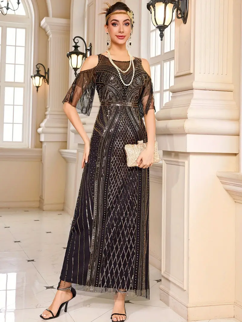off the shoulder 1920s dress BABEYOND Gorgeous Beaded Off Shoulder Plus Size Flapper Dress, Plus Gatsby Dress For 1920s Party, Black/Gold, Size 4XL