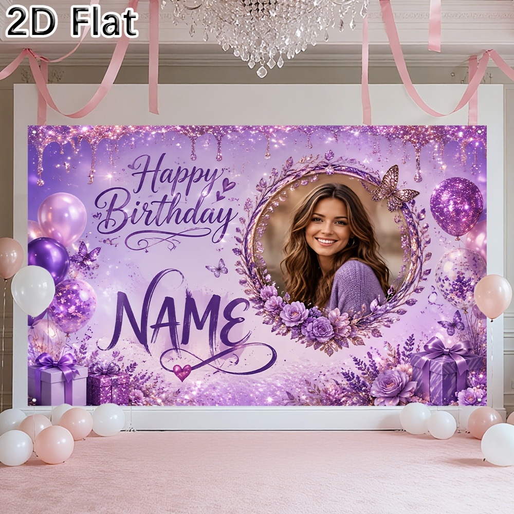TEMU Bannière 2D plate, 1 pièce [2D plat] avec nom et photo personnalisés, violet à paillettes, thème joyeux anniversaire, décoration de fête,