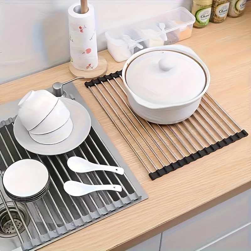 roll up dish drying rack over sink 1 piece stainless steel multipurpose drainer and storage rack portable sink grid mat for kitchen tools foldable non slip silicone   utility rack details 9