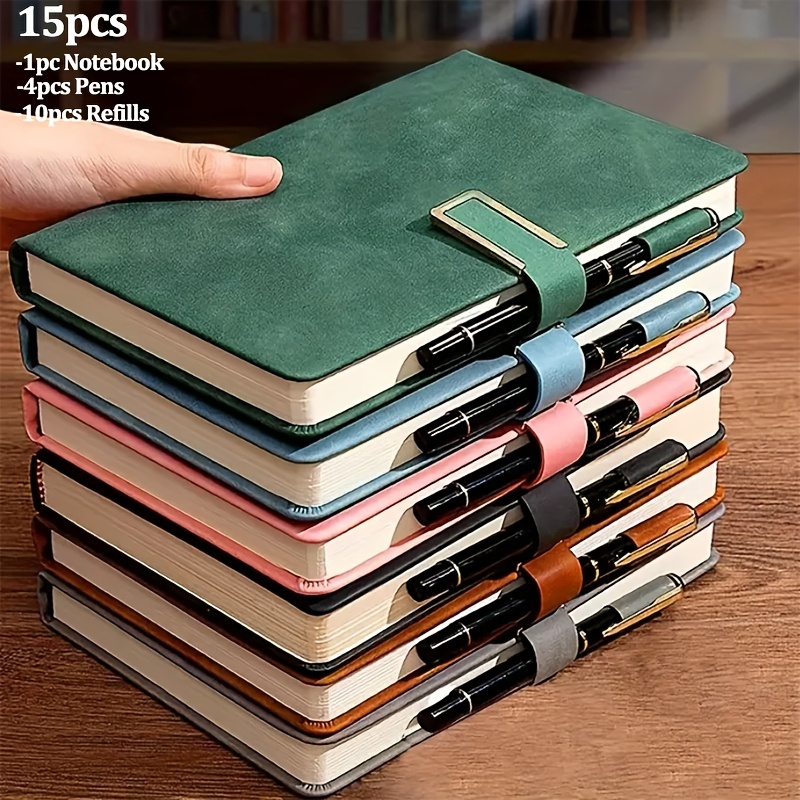 set de 15 piezas:   un cuaderno a5 + 4 bolígrafos + 10 recambios. un   de negocios y reuniones estilo vintage a5 extra   de 200 páginas, con cierre magnético y marcador—ideal para   universitarios