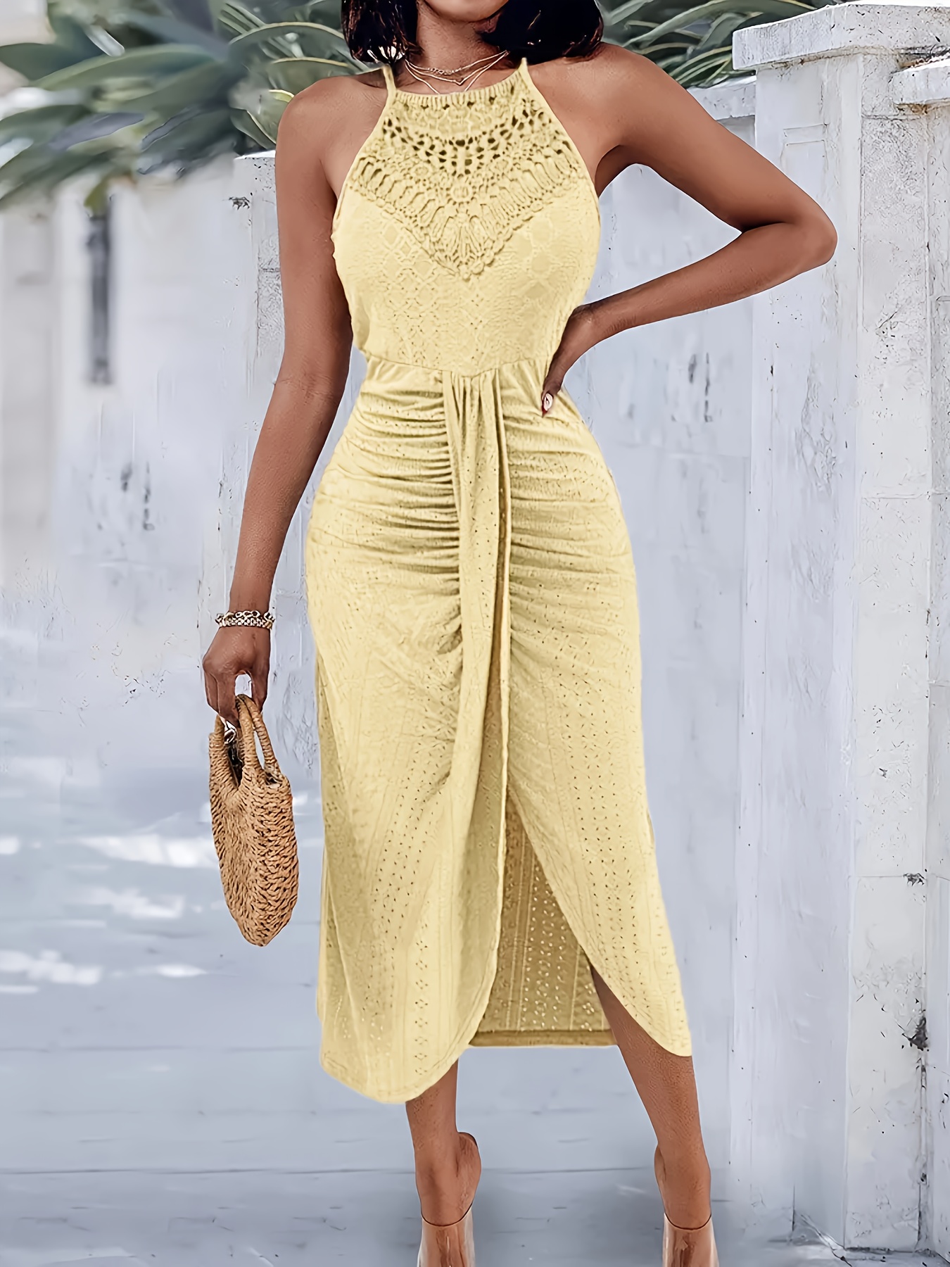 elegant halter neck summer dress cut detail yellow bodycon - Temu Mauritius
