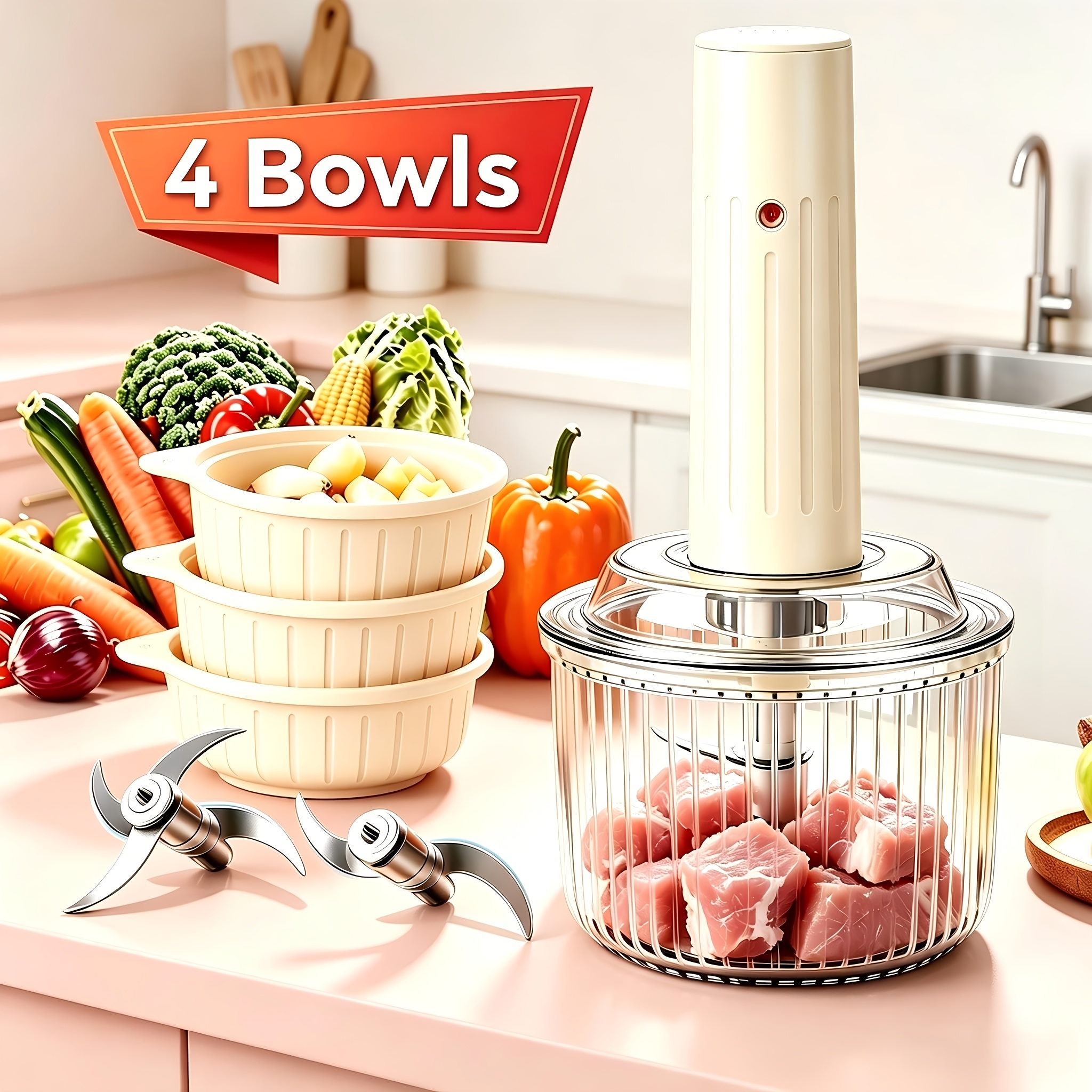 TEMU 4 Bowls Of Multifunctional Food Processor, Wireless Portable Rechargeable Meat Grinder, Mini Electric Garlic Blender, Garlic Vegetable Mixer,