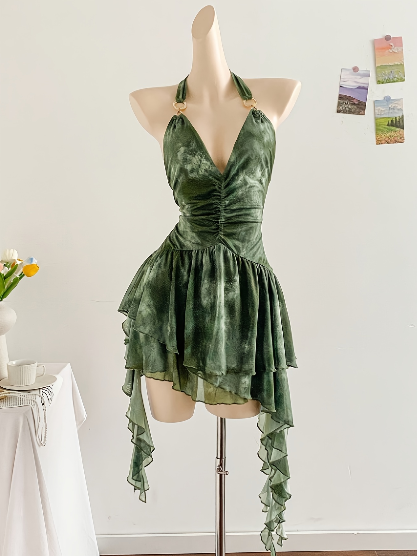 dark green v neck dress MissJophiel Corset Crystals Straps V Neck Sequin Dark Green Dress main image 1
