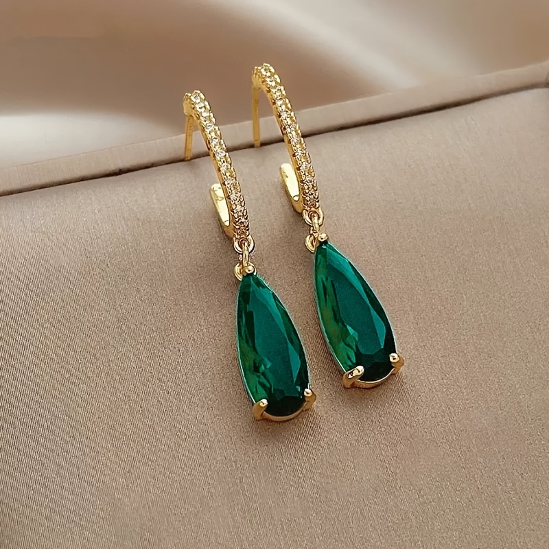 TEMU 1 Pair Of Green Teardrop Glass Pendant U-shaped Earrings, Elegant Temperament, Suitable For Women' Banquets And Party Wear, Creative Gift For