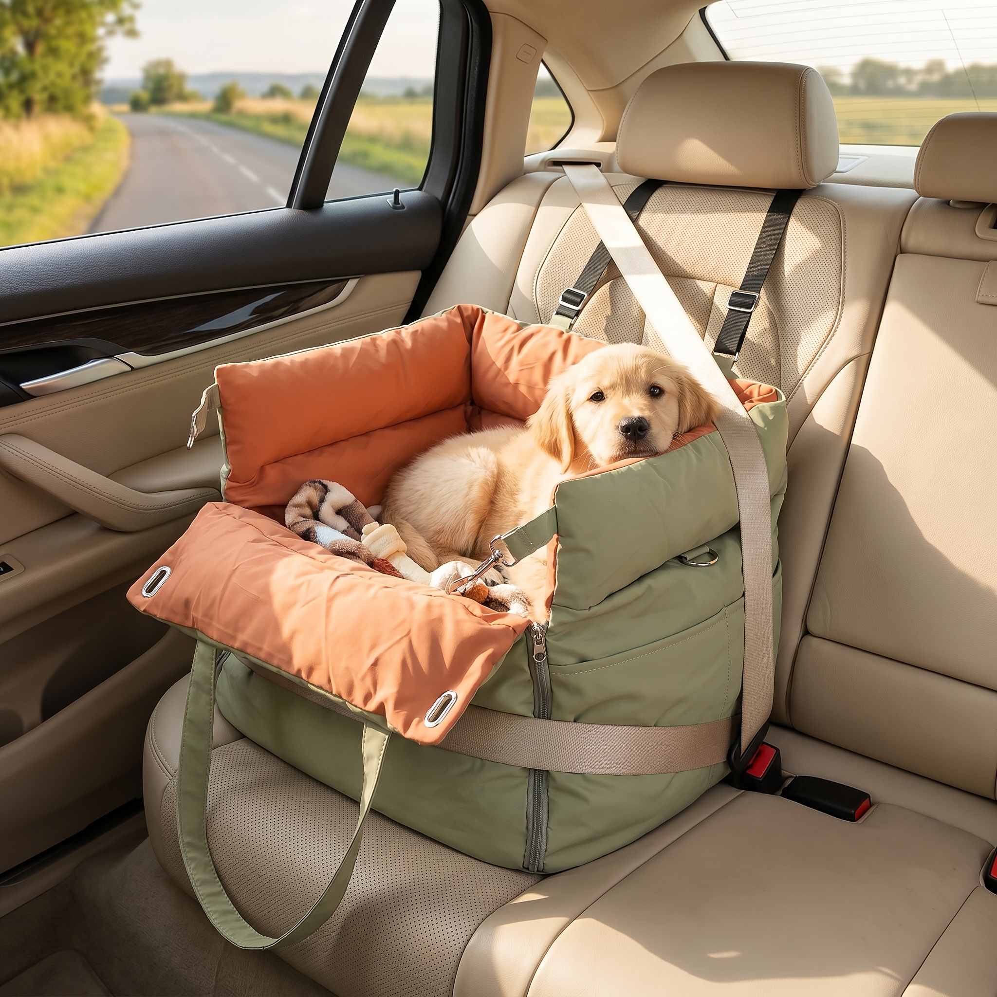 Dog Car Seat For Small To Medium Dogs - 3-in-1 Soft Leather Pet Bed For Car With Harness Clip, Travel Bed And Carrier Bag, Fits Pets Up To 27.55 Lbs (green, Small And Medium)