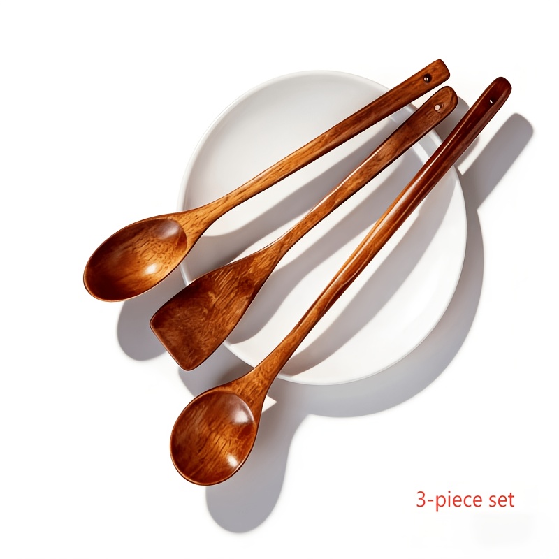 TEMU 3pcs Long Handled Shovel Set, Long Handled Stir Fry Shovel, Small Wooden Spoon, Non Stick Pan Wooden Shovel, Soup Spoon, Durable Mixing Spoon,
