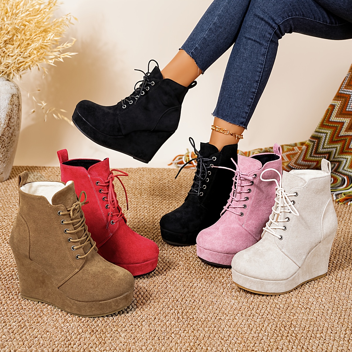 Women's Round Toe Lace-Up Wedge Ankle Boots