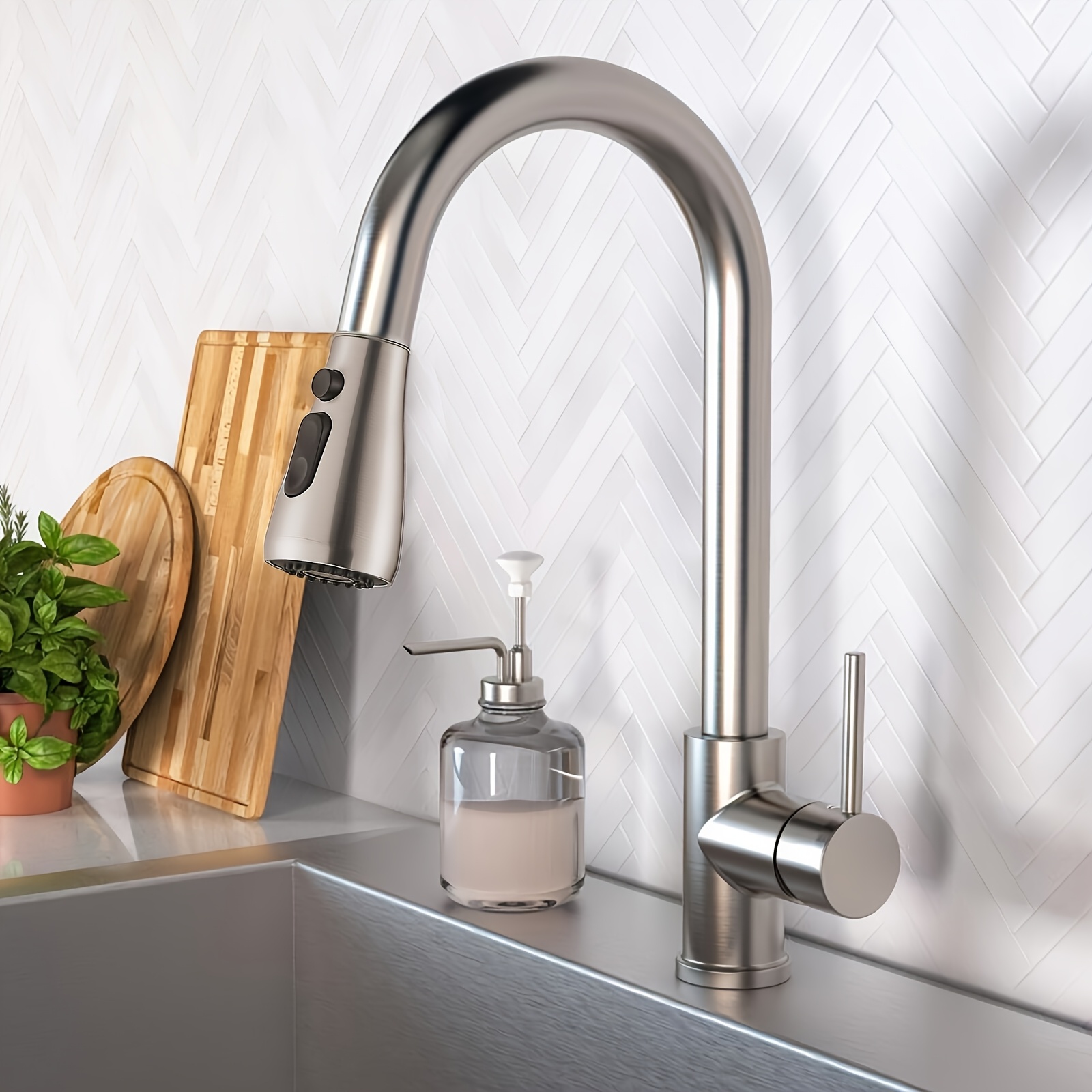 TEMU 1pc Kitchen Faucet With Pull Down Sprayer, Brushed Nickel High Arc Single Handle Kitchen Sink Faucet, Stainless Steel Commercial Modern Rv