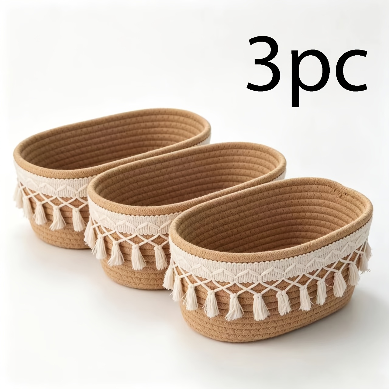 Boho Tassel Woven Storage Basket, 2pcs 3pcs Combo Set, Cosmetic Organizer For Vanity, Shelf Baskets