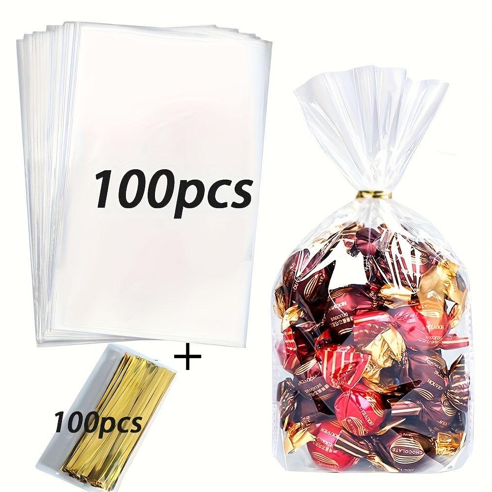 200pcs/set, Transparent Gift Bags, With Twist Tie Design, Suitable For Family Gatherings, Holiday Gifts, Birthday Celebrations, Gift Wrapping | Transparent Plastic Bags