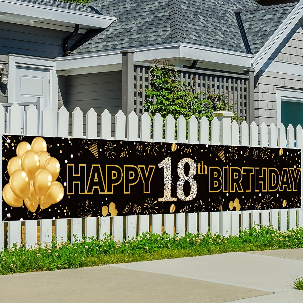 

1pc, Happy 18th Birthday Large Decorative Banner, Polyester Gold Glitter Pattern Yard Sign Hanging Background Outdoor Garden Fence Balcony Indoor Party Decoration 118x19 Inch