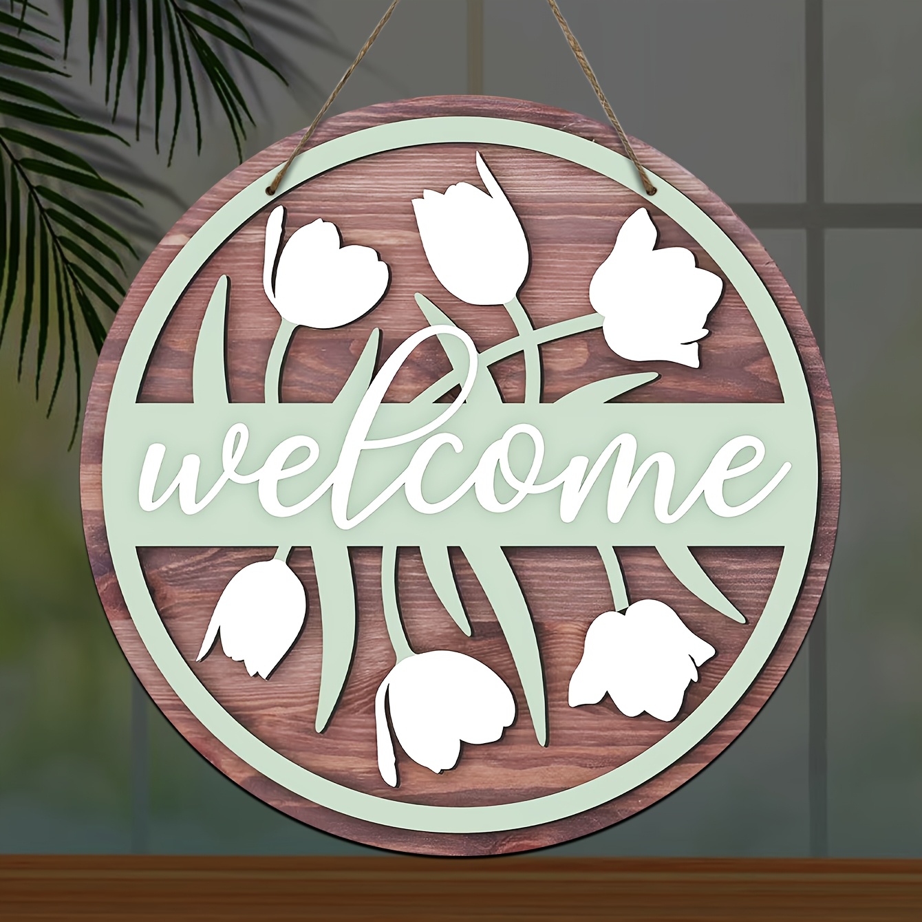 1pc Craft Minimalist Style Floral Welcome Hanging Ornament, Wooden Home Wall Decor Pendant