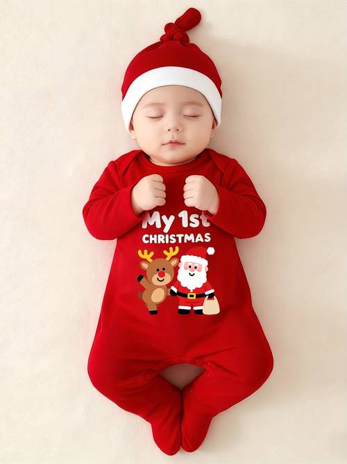 cadeauhoed, mijn eerste valentijnsdag babyromper, mijn eerste kerst babyromper met kerstman en rendier, rode kleding voor pasgeborenen voor alle seizoenen, puur katoen en ademend, ideaal als feestcadeau voor peuters, perfect voor buiten