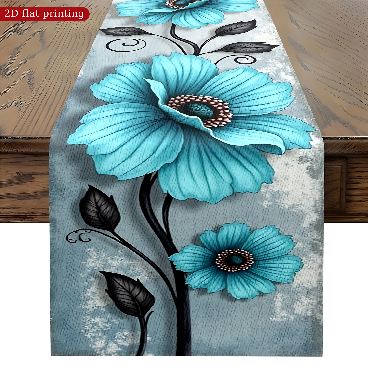 E-shop Bohemian Türkis Blumen Tischläufer - Eleganter Türkis Blumen Tischläufer mit Schwarzem Ranken Design - Boho Style Dekor, Ideal für