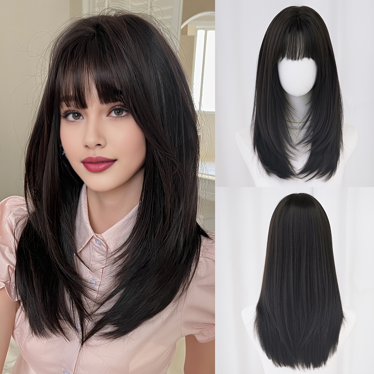 

Long Brown Wig With Bangs High Layered Routine Wigs For Women Daily Party Use Heat Resistant Synthetic Wigs 21.65 Inches